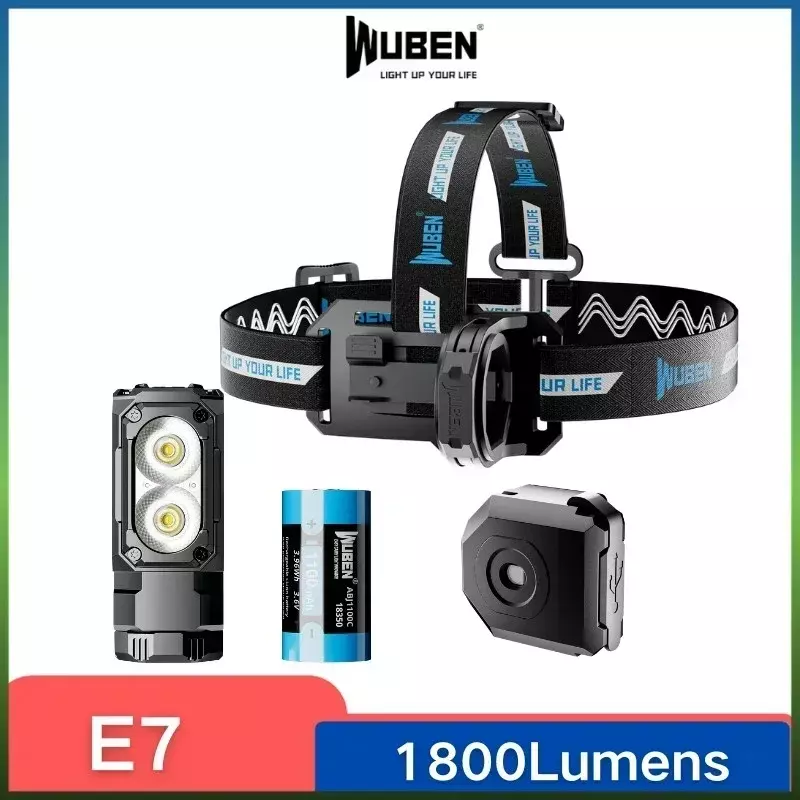Wuben E7 lampada frontale e torcia Ultra-compatta e leggera da 1800lumen luce Troch ricaricabile (bianco freddo nero: 5000K)