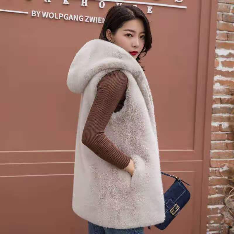 Women's Faux Fur Hooded Waistcoat, Loose Vest Jacket, Large Size, Mid Length Version, Thicken, Warm, Fashion, Autumn, Winter New
