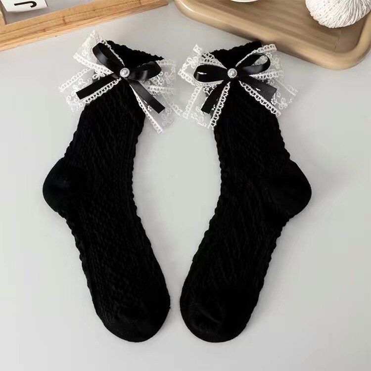 white black bow lolita stocking y2k young spring autumn socking pearl stocking