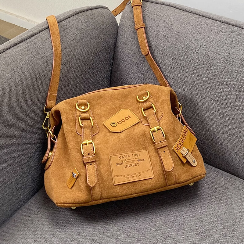 New European and American Women's One Shoulder Bag Retro Frosted Leather Label Brown One Shoulder Bag Creative Casual Simple Bac