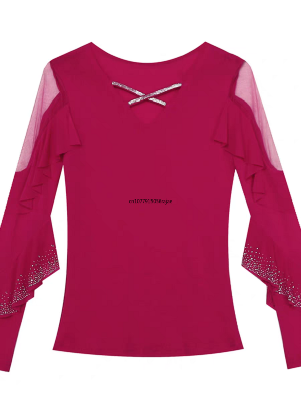 Wiosenne SummerT-shirty damskie z dekoltem w serek marszczony długi rękaw z solidną siateczką elastyczne topy koszulki damskie modne diamenty T Shirt spódnica do tańca