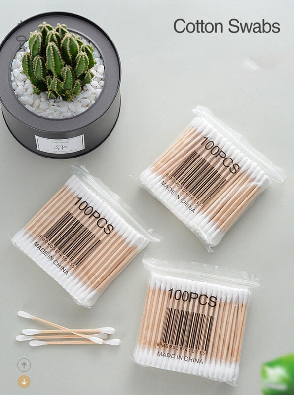 100pcs Bags Cotton Swabs Disposable Double-Headed Sanitary Cleaning Cotton Sticks Household Makeup Remover Ear Cotton Swabs