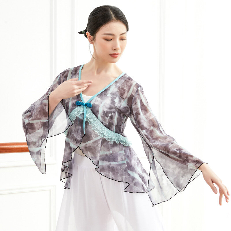 Neue Klassische Tanz Kleidung Frauen Gaze Bühne Praxis Hemd Chinesische Folk Dance Strickjacke V-ausschnitt Ausgestelltes Sleeve Antike Top