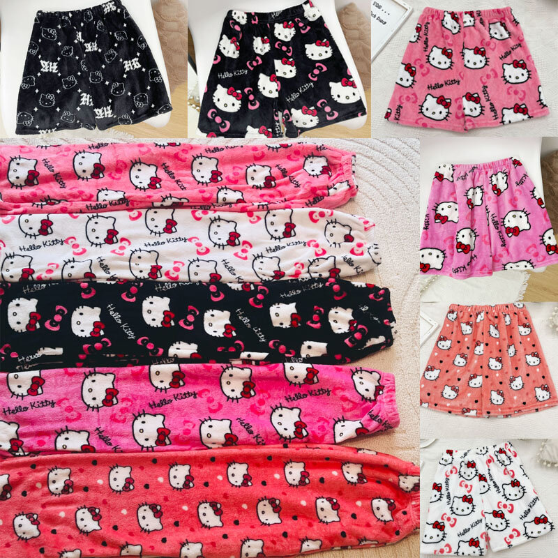 Kawaii Sanrio, пижамные штаны Hello Kitty Y2K Мультяшные Черные милые женские Мягкие плюшевые утепленные брюки, одежда, женские повседневные брюки