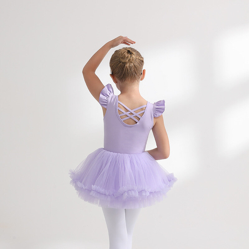 Kinder tanz kostüme, sommerliche ärmellose lila Baumwoll mädchen übungs kleidung