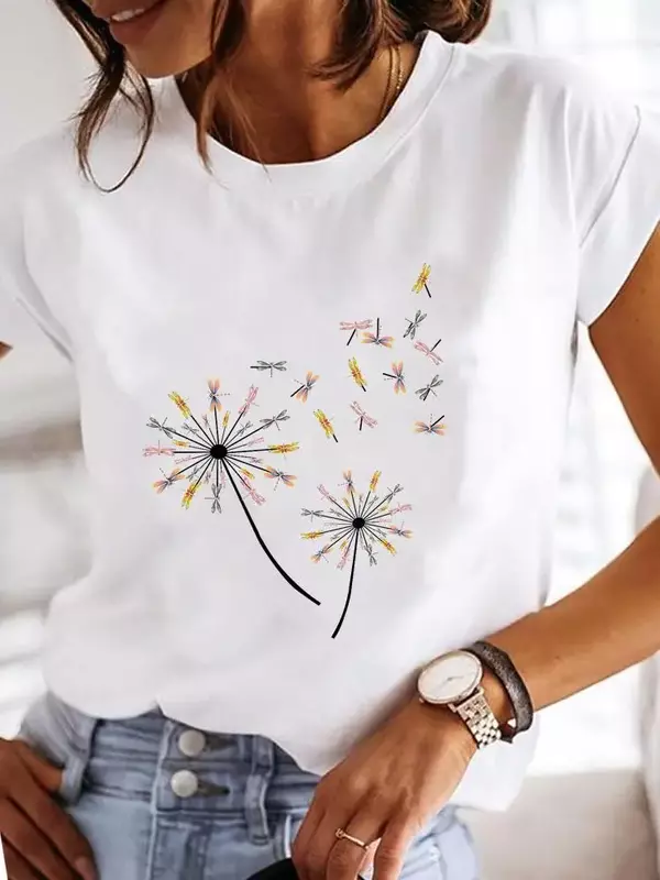 Explosive Dragonfly Butterfly Print Base Top Loose Women's Short-sleeved T-shirt Round Neck Oversized T Shirt  Women Clothes TEE