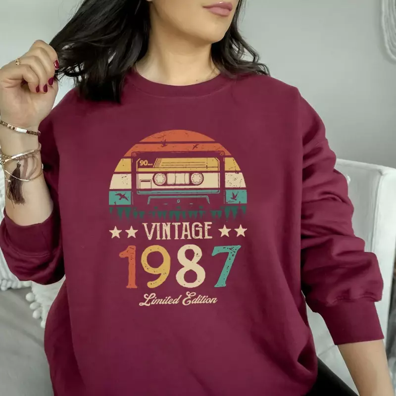 Original Design Vintage Magnetband 1987 37. 37 Jahre alte Frauen Sweatshirt Harajuku o Hals Geburtstags feier Kleidung Pullover Top
