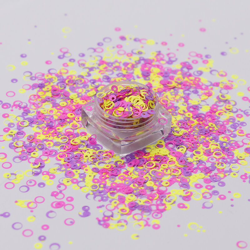 Círculo de neón hueco, mezcla de purpurina, formas gruesas de colores para accesorios de uñas y polvo de uñas cromo, 10 g/bolsa