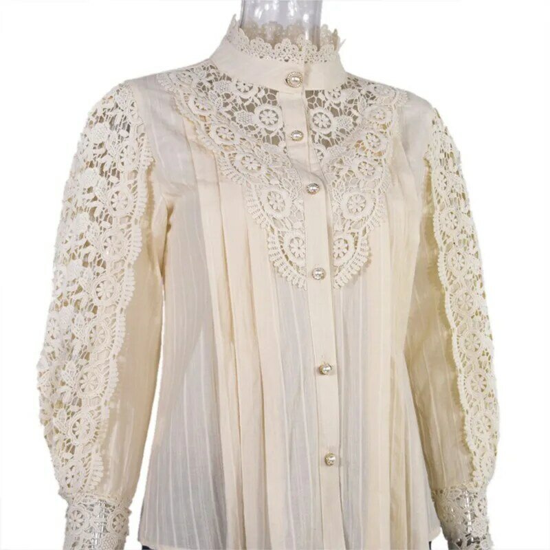 Blusa de renda branca para mulheres, sexy, manga comprida, botão pérola, flor, oca, transparente malha, tops, primavera e verão