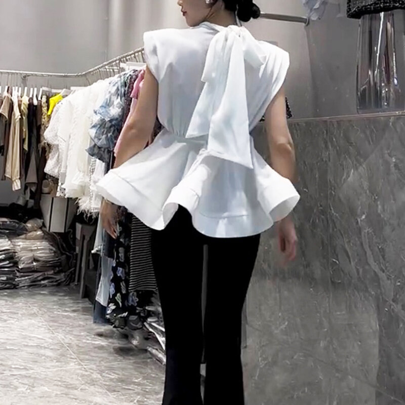 Blusa plisada sin mangas con cuello de lazo para Mujer, camisa blanca con volantes, cintura delgada, Y2k, Verano