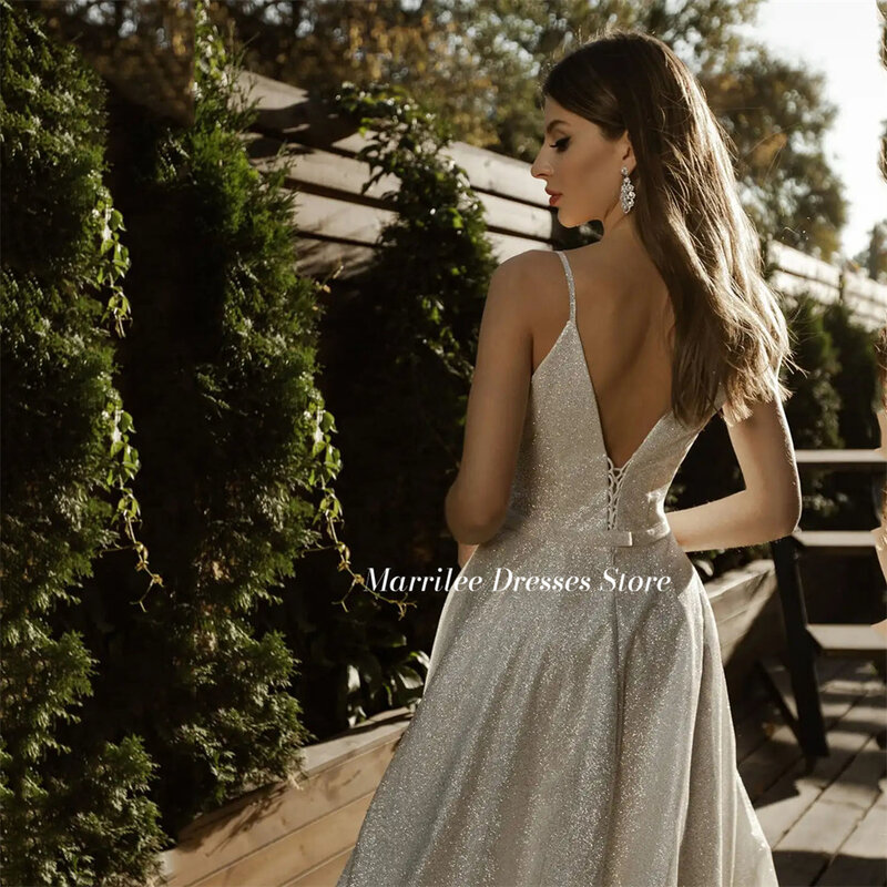 Marrilee-faísca alta fenda lado vestido de casamento, A-Line, V-Neck, vestidos de noiva sem encosto, fenda lateral alta sexy, comprimento do chão, sem encosto, luxo, 2024