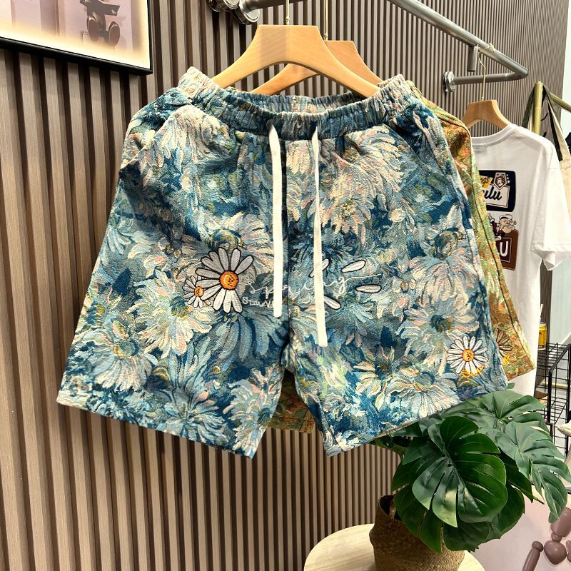 Summer new American trendy brand personalized floral print casual shorts loose washed embroidered straight-leg five-quarter pant