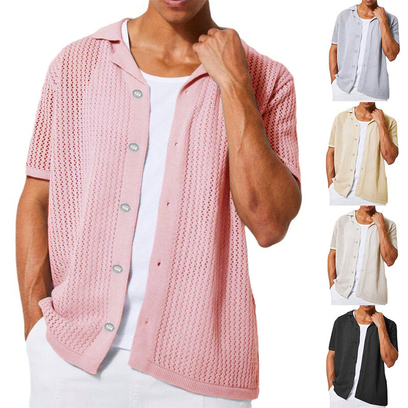 Mens Fashion Knitted Cardigan Summer Cool Hollow out Top Short Sleeve Shirt Lapel Button Loose Men's Knit Tshirt