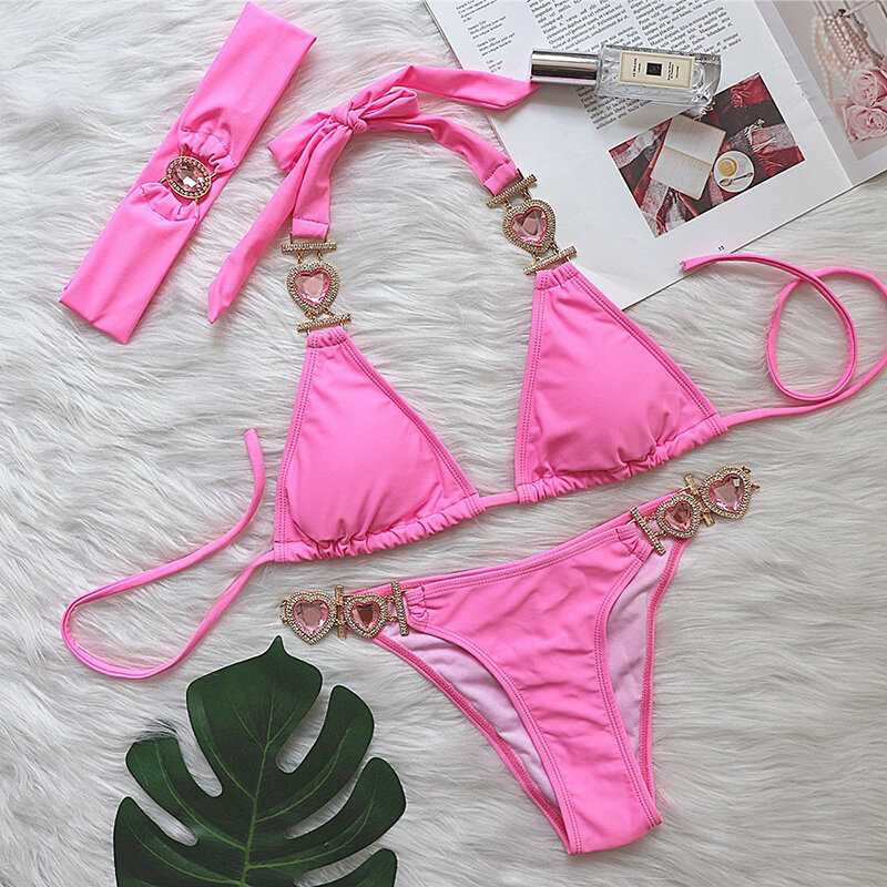 Bikini rosa con diamantes de imitación para mujer, bañador Sexy con corazón, Push-Up femenina con ropa de baño, ropa de playa, trajes de baño para piscina