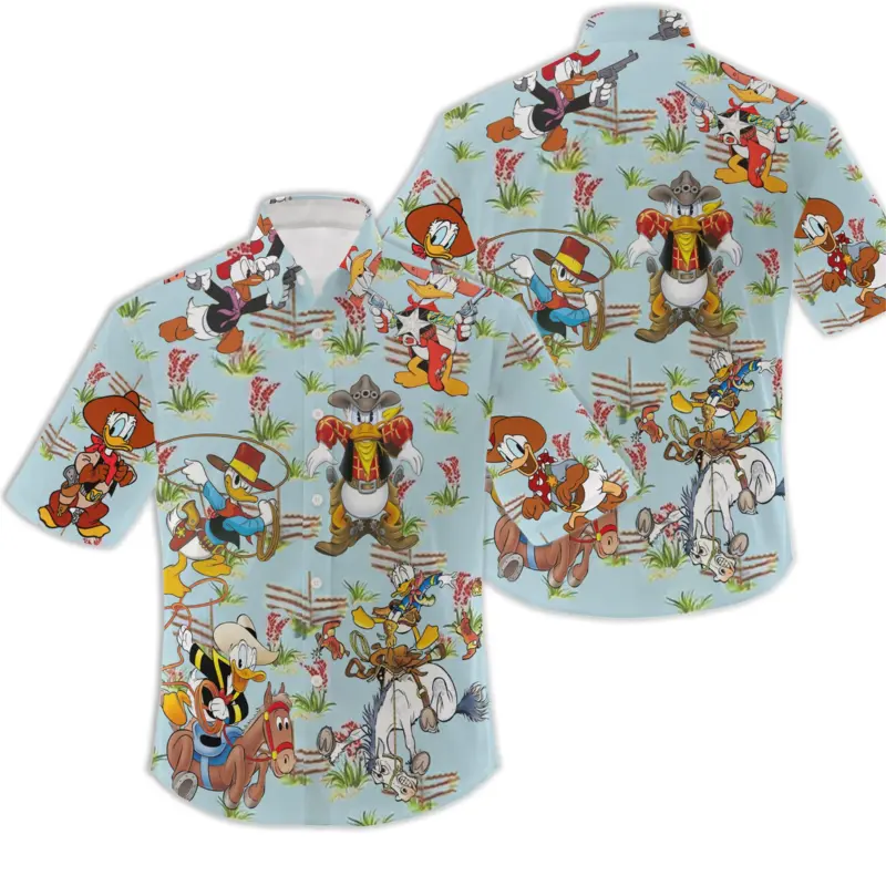 Camisa havaiana do pato Donald masculino, Tops de manga curta, Botões, Disney, Praia, Casual, Vintage
