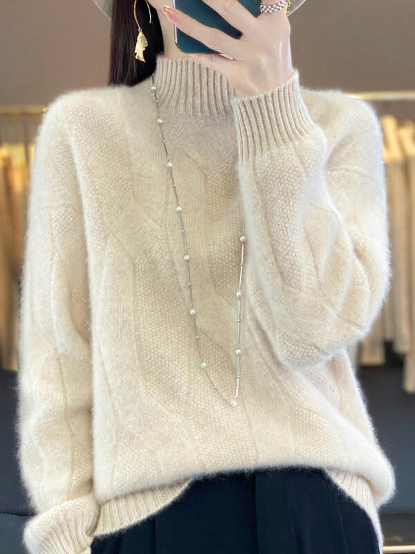 Nowy szykowny damski sweter z kwiatowym swetrem z dekoltem 100% merynosów wełniana dzianina solidna miękka ciepła prosta, na co dzień zimowa odzież