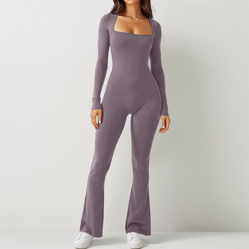 Women's Sexy Solid Color Square Neck Long Sleeve Pants Jumpsuit Shapewear Waist Tightening Waist Lifting High Elasticity Rompers