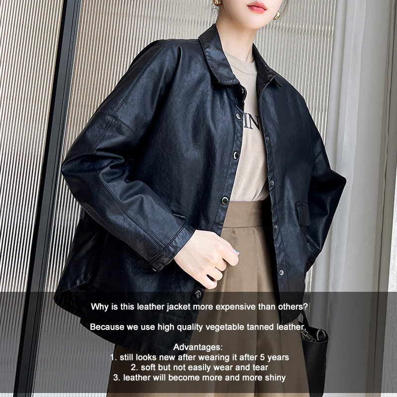 2023 Lady Genuine Sheepskin Leather Jacket Women Fashion Vegetable Tanned Leather Coat Oversize CL4026