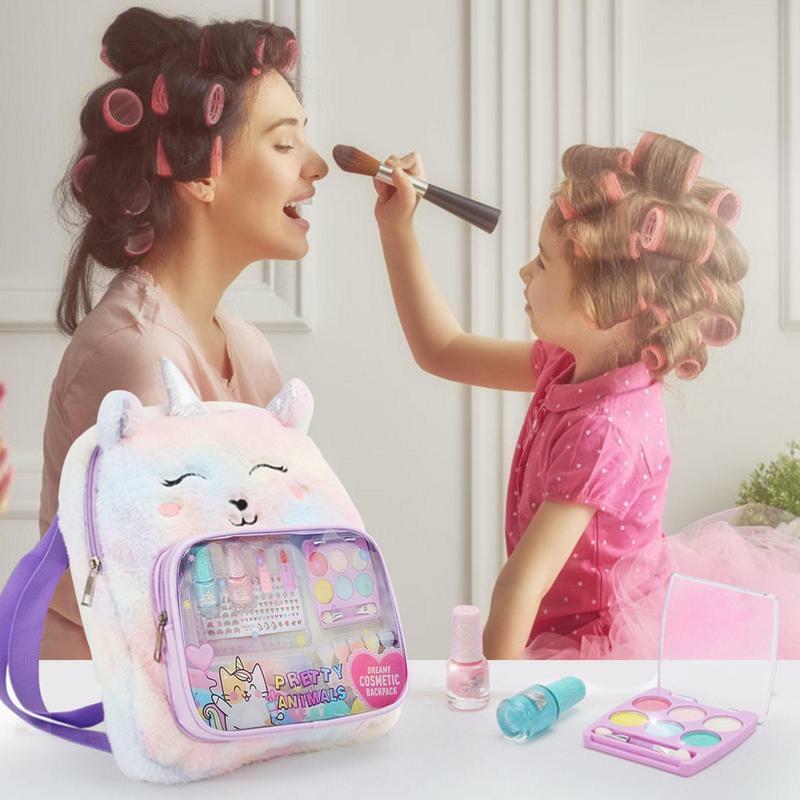Kit Makeup anak perempuan, mainan Makeup portabel untuk anak perempuan, Makeup palsu bisa dicuci untuk balita untuk anak kecil perempuan