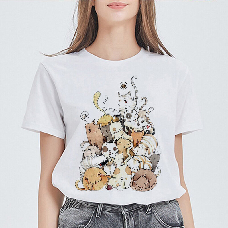 Sommer weibliches T-Shirt grundlegende Töpfer Katzen O-Ausschnitt Kurzarm Druck Harajuku Tops Frauen T-Shirt lässig kawaii Damen T-Shirt