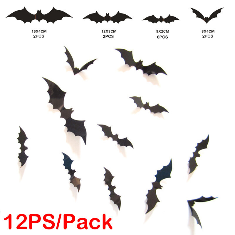 12 sztuk/paczka pcv Bat naklejka ścienna czarna symulacja 3D Bat pasek dekoracyjny impreza z okazji Halloween Horror Thriller klimatyczna dekoracja rekwizyty