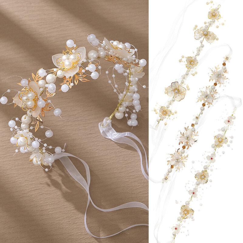 Ikat Kepala Mutiara untuk Wanita Anak Perempuan Pengantin Ikat Rambut Pernikahan Tiara Bunga Putih dan Mahkota Perhiasan Rambut Hiasan Kepala Fashion Korea