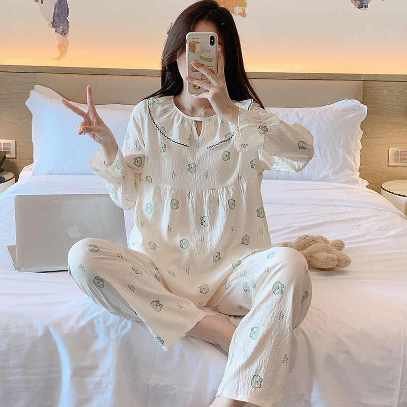 Round Neck Minimalist Pajamas New Nine Quarter Sleeved  Pants Two-piece Set Cloud Cotton Home Wear Spring Women's Casual Clothes