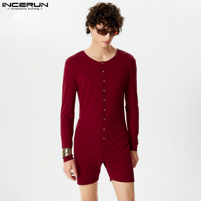 INCERUN 2024 Sexy Men's Loungewear Open Front Solid Knitted Long Sleeved Jumpsuits Casual Male O-Neck Flat Angle Bodysuits S-5XL