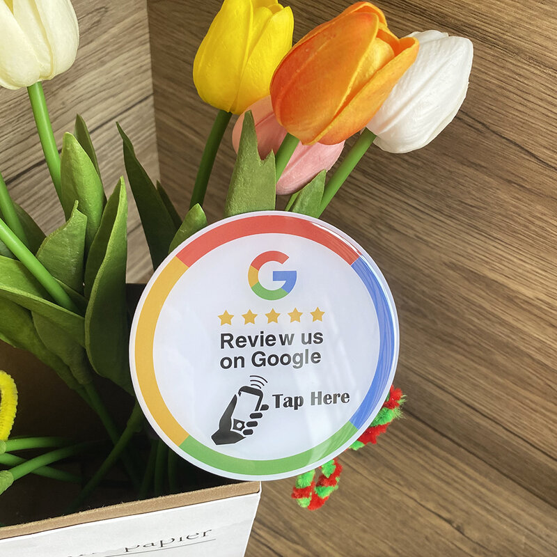 3.93“ 13.56Mhz Programmable NFC Google Reviews Plate 10cm NTAG215 chip Tap to Review  Sticker