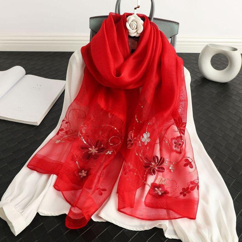 Lenço de seda feminino primavera e outono moda versátil fina amoreira lenço de seda bordado cheongsam xale