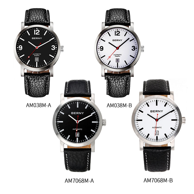 BERNY-Relógio de pulso mecânico masculino, relógio impermeável masculino, relógio suíço de couro, relógio automático, marca de luxo, 5ATM