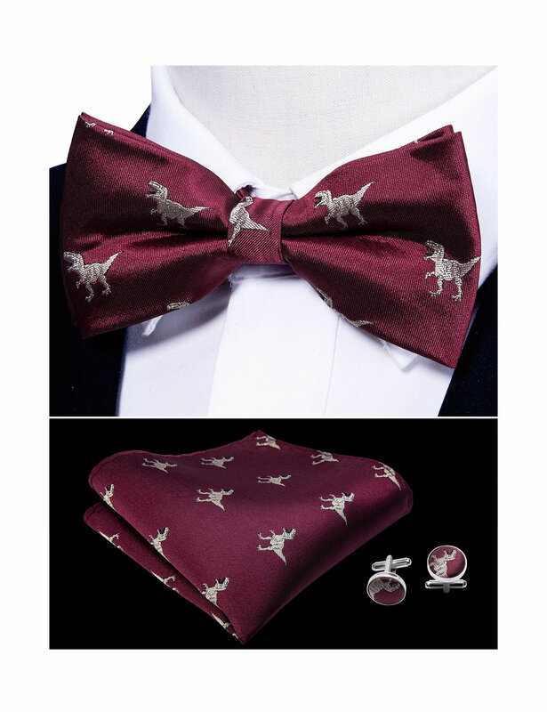Conjunto de gemelos rojos de dinosaurio para hombre, corbata de mariposa hecha a mano, gemelos de seda, fiesta de negocios, Barry.Wang, novedad