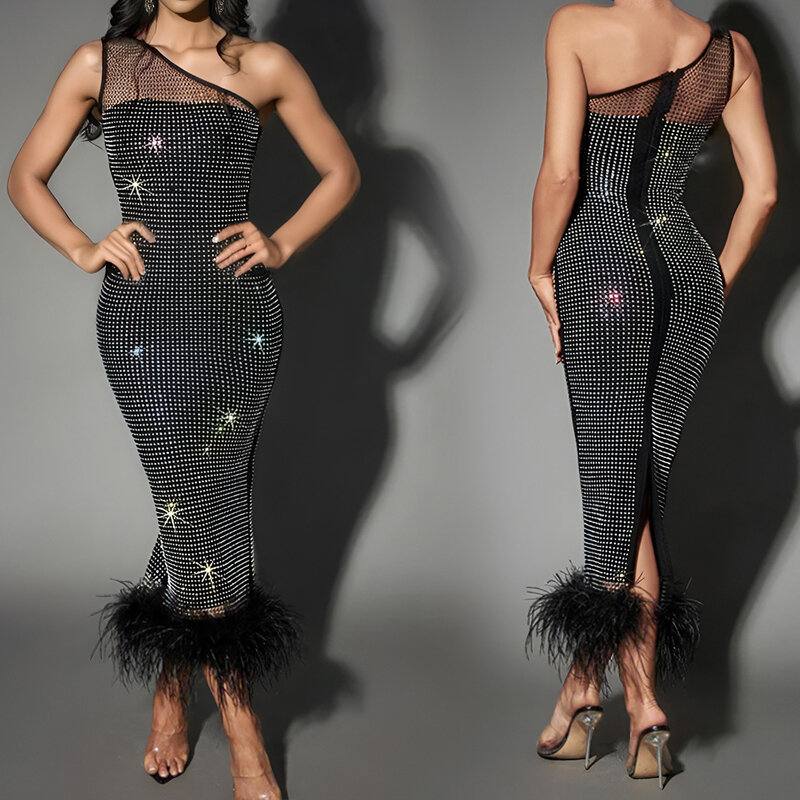 Женские сетчатые вечерние платья с бриллиантами на одно плечо, модное Бандажное длинное платье с перьями, элегантное женское коктейльное платье для выпускного вечера HX98