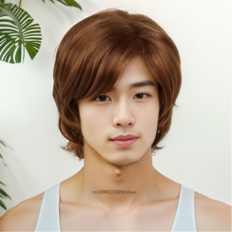 Wig Asia untuk pria rambut sintetis Wig pendek coklat merah dengan poni gaya rambut alami Wig Cosplay pria kostum pesta Wig anak laki-laki