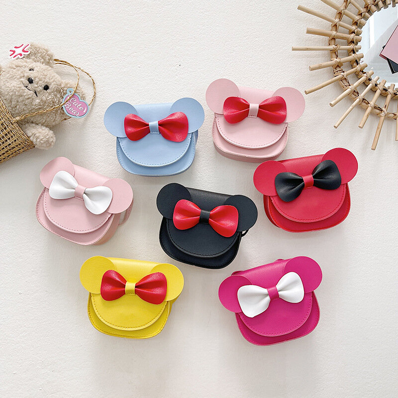 Cartoon Mouse Bow Messenger Bag para o bebê, bonito Candy Color, couro infantil Shoulder Crossbody Bag, Princesa Coin Purse para crianças, menina, novo