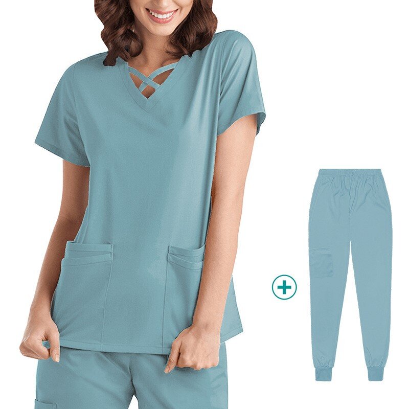 Elástico de secagem rápida uniforme médico, Fina manga curta esfrega conjuntos, Dentista, Farmácia, Sala de cirurgia, Doutor, Enfermeira Workwear