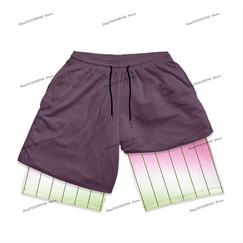 Japanese Anime Elements Men's 2 in 1 Tight Shorts Gym Workout Summer Running Shorts Basketball Sports Quick Drying Y2k