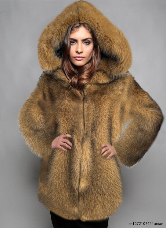 Mantel bulu rubah tiruan wanita, jaket hangat longgar setengah panjang bertudung untuk musim dingin