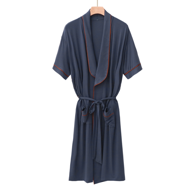 Пижамный халат, Халаты для мужчин, модная одежда в Корейском стиле, с коротким рукавом и отложным воротником, с ремнем средней длины, драпировка, для ванной, домашняя одежда, длинный халат