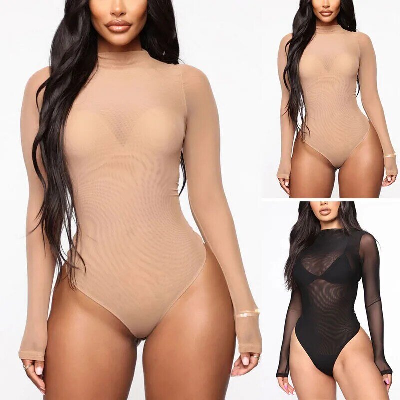 2023 New Hot Women Sexy Perspective Solid Color Elastic Fashionable Long Sleeved High Waisted Tight Fitting Jumpsuit