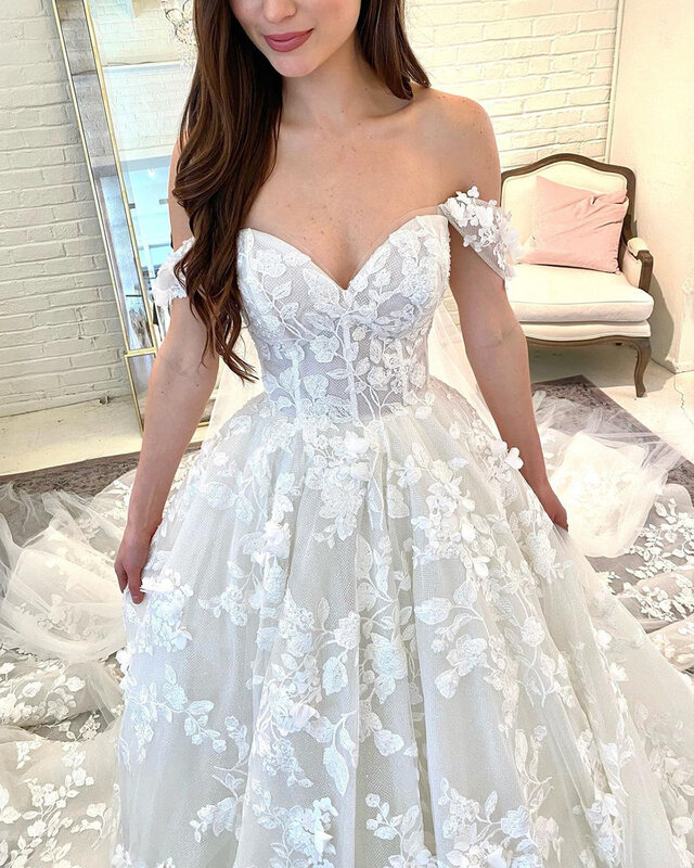 Платье женское свадебное с открытыми плечами и кружевной аппликацией