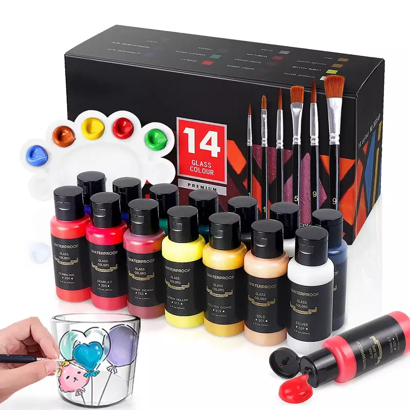 14 26 Colors Stain Glass Paint Set with 6 Nylon Brushes, 1 Palette, Waterproof Acrylic Enamel Painting Kit for Art Supplies