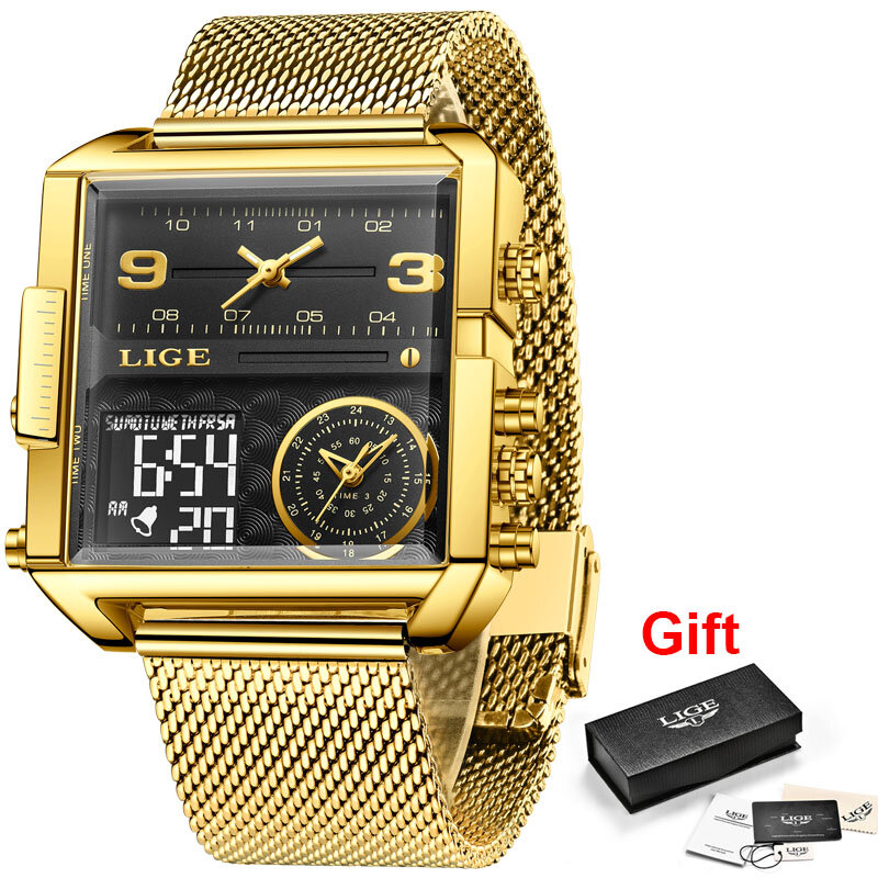 LIGE-relojes informales de lujo para mujer, pulsera clásica de acero inoxidable, color dorado