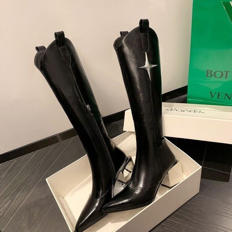 High Quality Sexy Pointed Toe Knee Boots Women Punk Square Heel Boots with Black Metal Zipper Autumn Winter Fashion High Heels