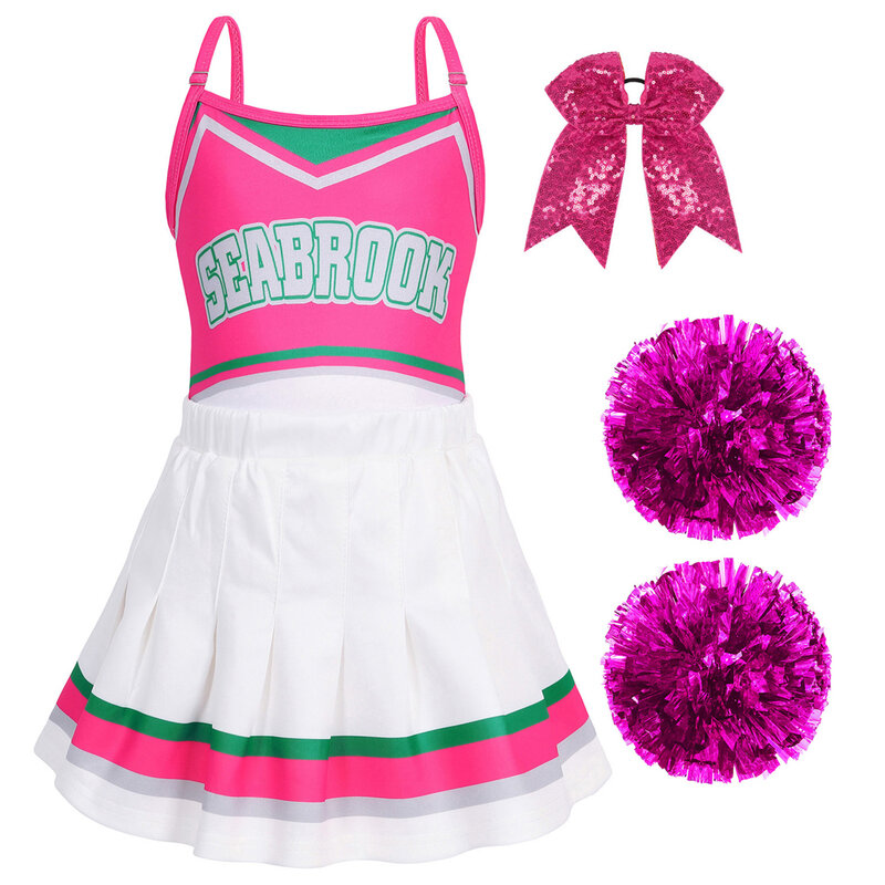 Jurebacia kostum Cheerleader perempuan pakaian pemandu sorak gaun mewah untuk pesta Halloween ulang tahun Pink