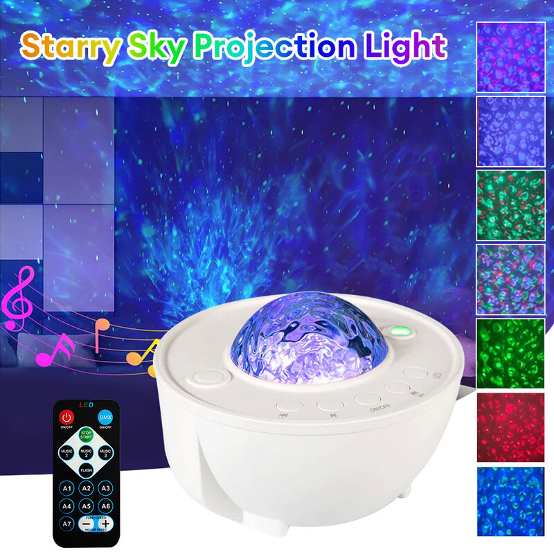 Starry Projector Galaxy Night Light Waterwave Effect Projeção Lamp Speaker com Controle Remoto para Decoração Presentes de Aniversário