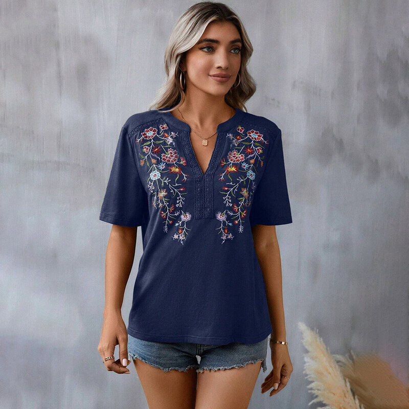 Casual Embroidery Short Sleeve Women Tops 2024 Fashion V Neck Tops Elegant Clothing Summer Blouse Shirts & Blouses