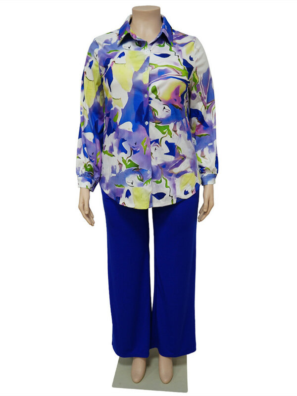 Wmstar-Conjunto de dos piezas de talla grande para mujer, camisas estampadas, Tops y pantalones con bolsillos, pierna ancha, traje a juego a la moda, Otoño, 2022