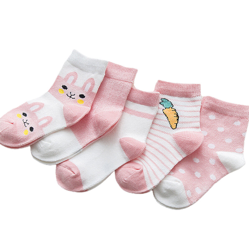 Mildsown Baby Girls Boys 5pieces Cotton Socks Soft Crew Socks Rabbit Breathable Mesh Thin Socks for Toddlers and Kids