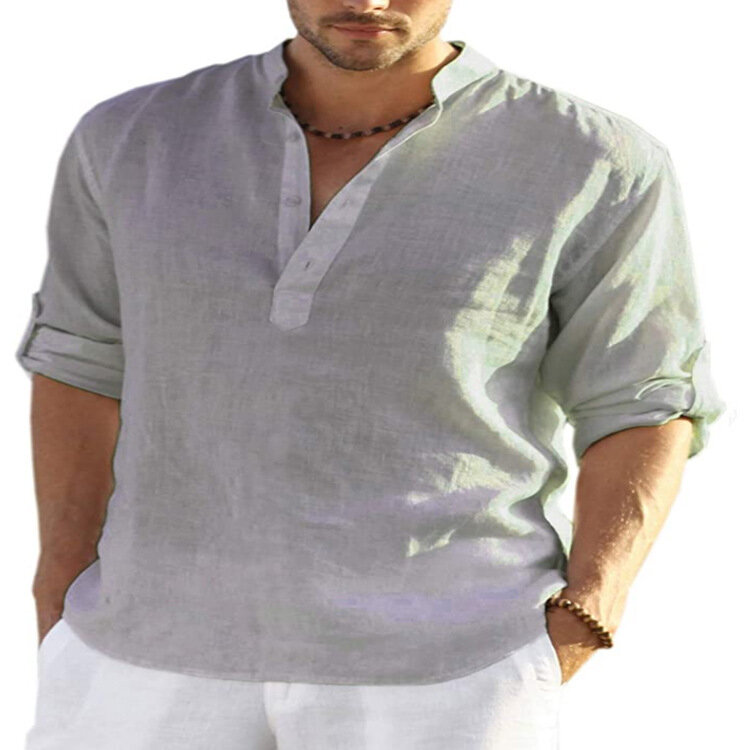 Camiseta masculina de manga comprida de linho europeu, moletom solto, camisa de algodão, camiseta grande, monocromática, verão